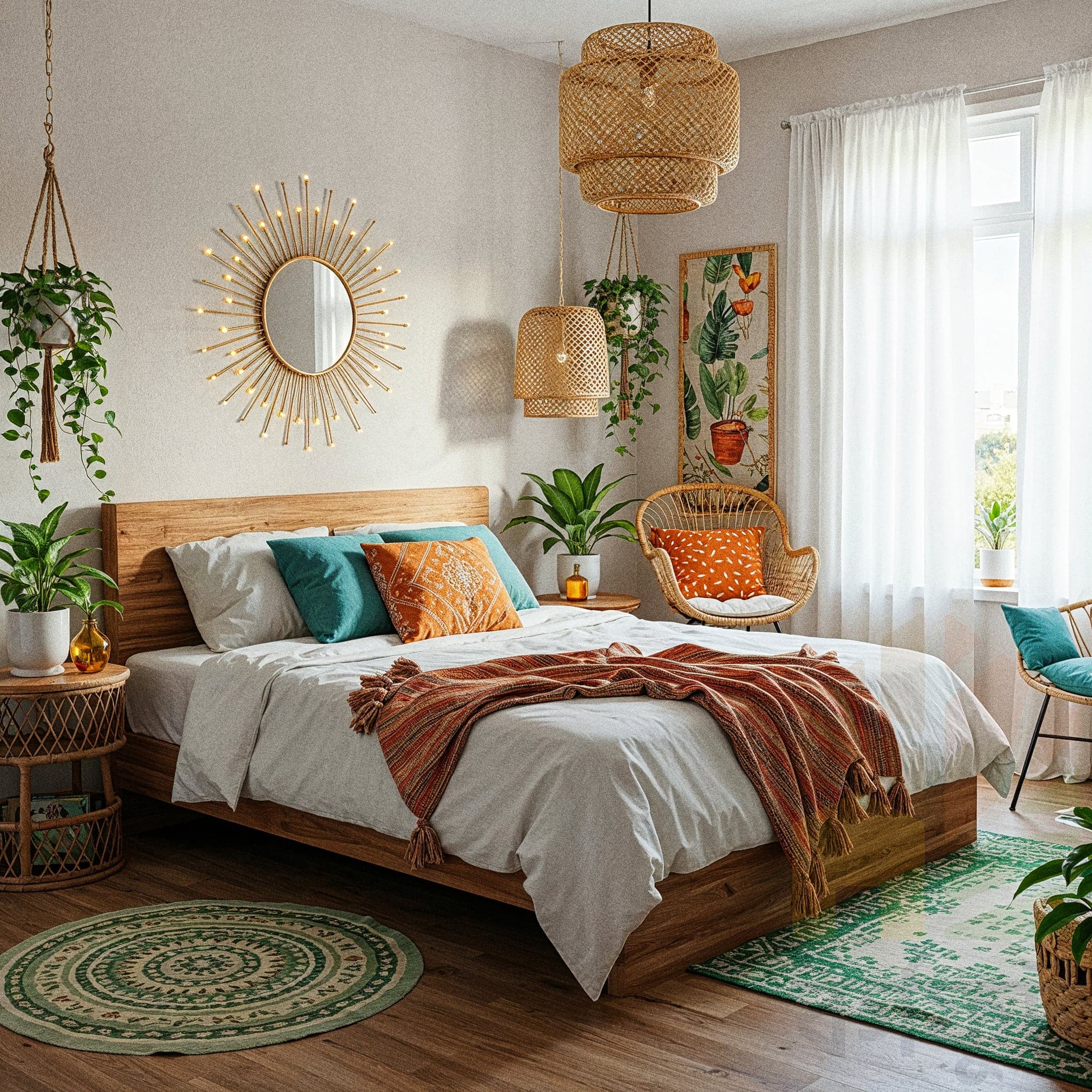 A sunny bedroom with a bed featuring a light pink bed skirt, yellow duvet, and pink and white pillows. A full-length mirror and a glass-top vanity with a makeup collection and flowers stand to the right. A wooden nightstand with a lamp and a clock is by the bed. A brown acoustic guitar rests against a side table to the left. The large window is covered with sheer white curtains, and sunlight streams into the room. Framed art hangs on the walls, and a large, ornate red and blue patterned rug covers the floor.