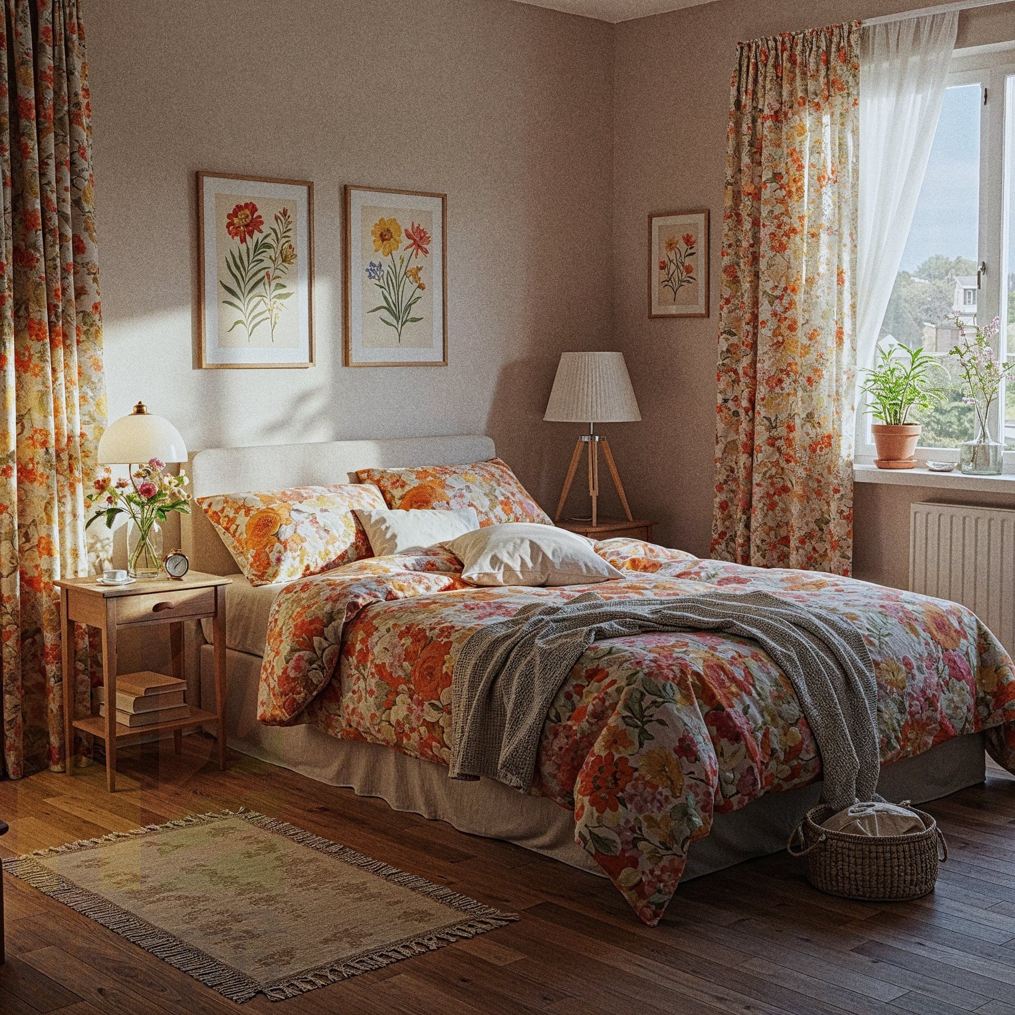 A cozy bedroom with light beige walls and a large window with floral curtains that match the floral duvet and pillows on the bed. A light gray throw blanket is draped across the foot of the bed. A small wooden nightstand with a white lampshade and a vase of flowers sits to the left of the bed. Framed floral art in a similar style hangs on the walls. The room is bathed in sunlight, highlighting the bright, cheerful colors and creating a warm, inviting mood.