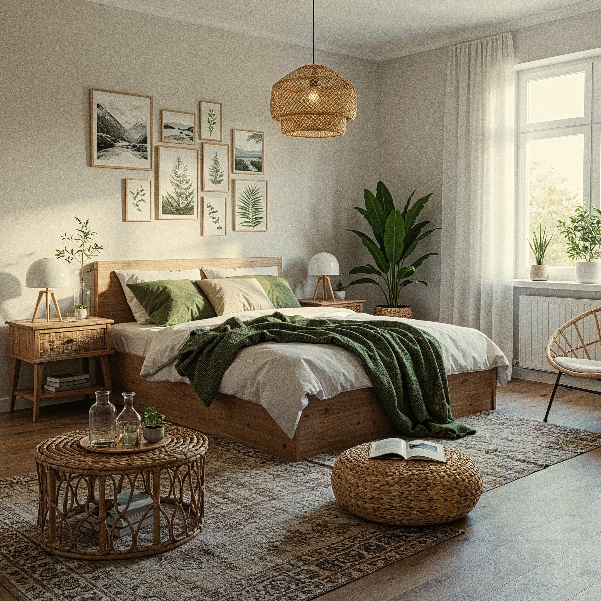 A clean, minimalist bedroom featuring a simple wooden bed frame with white and light green bedding. A dark green throw blanket is draped across the bed. Light wood nightstands flank the bed, one with a glass lamp and the other with a glass vase and two bottles. A gallery wall of framed botanical and landscape art hangs above the headboard. A large potted plant stands in the corner. In the foreground, a round rattan coffee table and a beige woven pouf with an open book on top sit on a patterned rug.