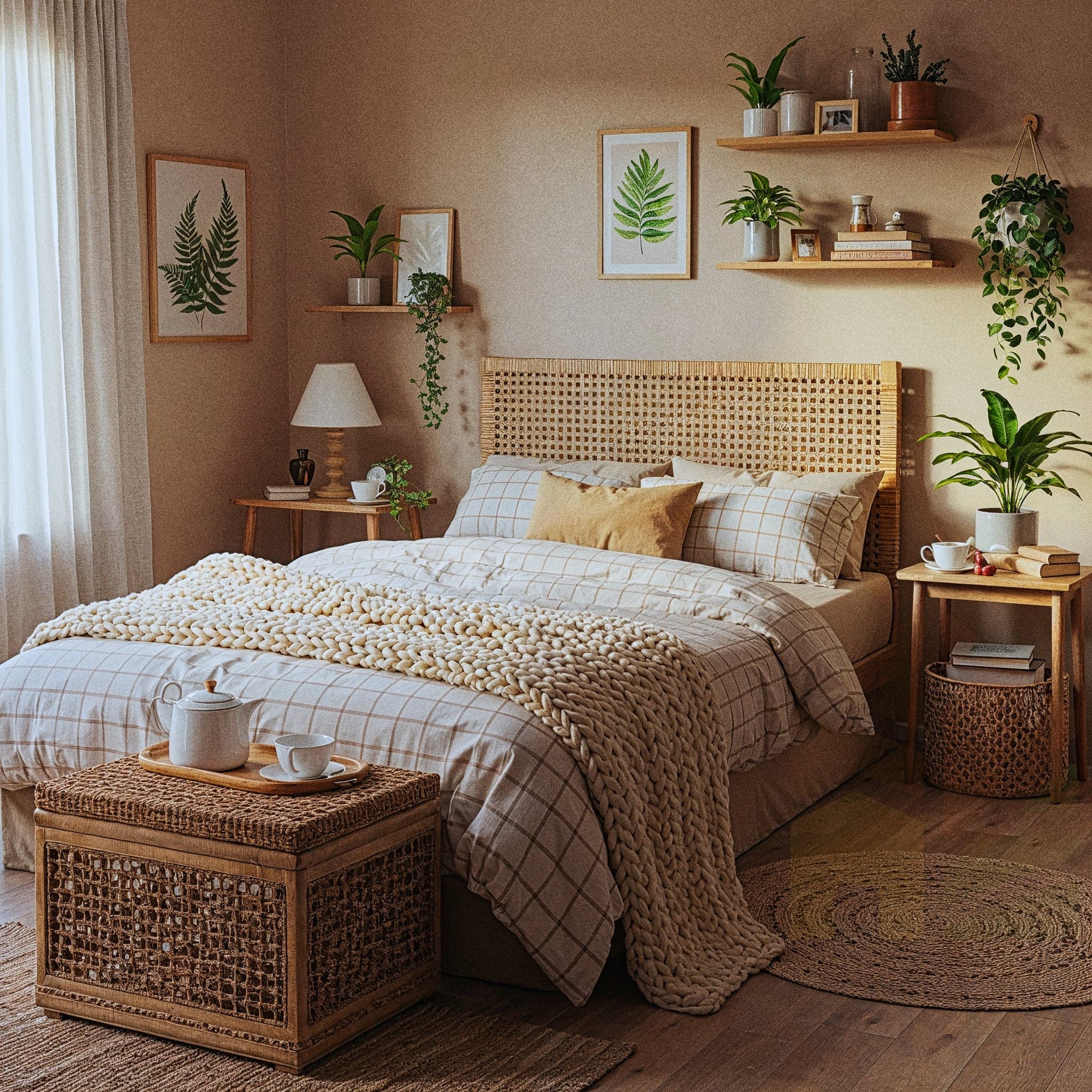A serene bedroom with a bamboo canopy bed with a woven rattan headboard and white sheer drapes. The bed is made with white linen and a beige knitted blanket. Two matching woven benches are at the foot of the bed. Two macrame wall hangings are placed symmetrically above the headboard. Two wooden side tables with potted plants stand on either side.