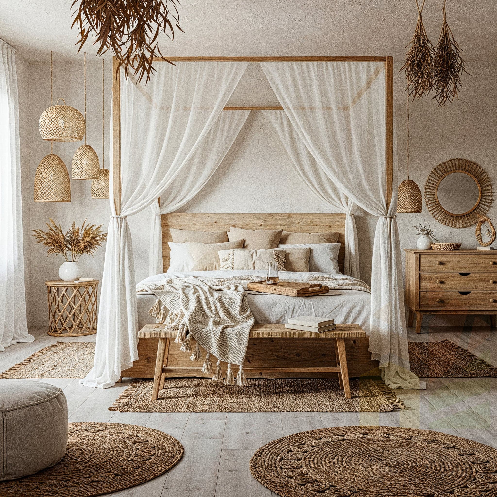 A rustic bohemian bedroom featuring a large wooden bed with a canopy and sheer white drapes. The bed has a variety of beige and cream pillows and a tasseled throw blanket. A wooden bench is at the foot of the bed with a book on it. A wooden dresser with a woven mirror and dried floral arrangements stands to the right. Various woven round rugs are scattered on the light wood floor. Woven pendant lights and dried plants hang from the ceiling. The room has a textured wall and a soothing, natural color scheme.