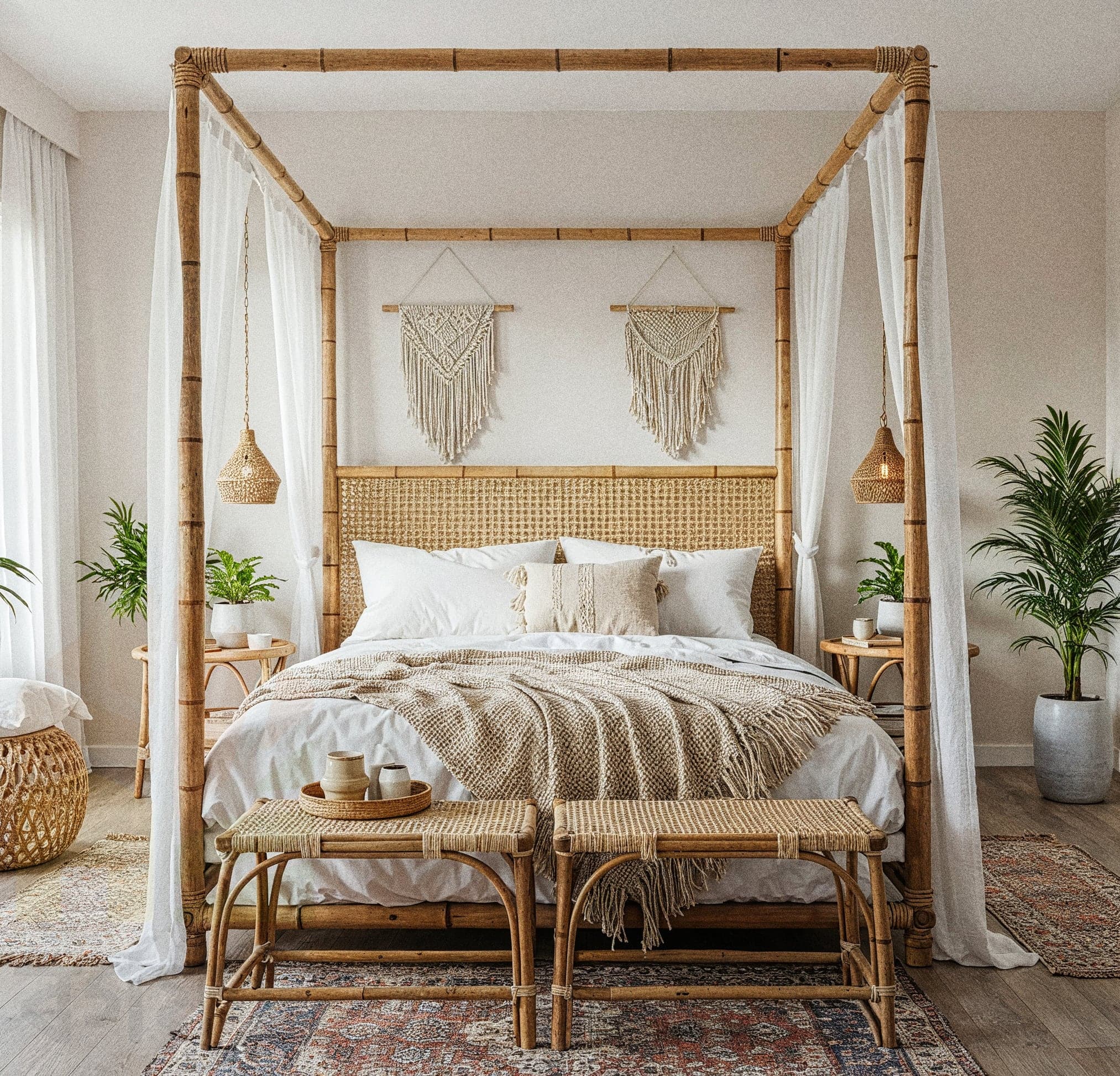 A bohemian-style bedroom with a wooden bed frame and a mix of white, teal, and orange pillows on a white duvet. A striped throw blanket with orange tassels is draped across the bed. A circular, ornate gold sunburst mirror hangs on the wall above the bed. Two different woven pendant lights hang from the ceiling. A green cactus and plant-themed tapestry hangs on the wall, and various potted plants are placed throughout the room. A round green and white patterned rug is on the floor, and a wicker chair with an orange pillow is in the corner.