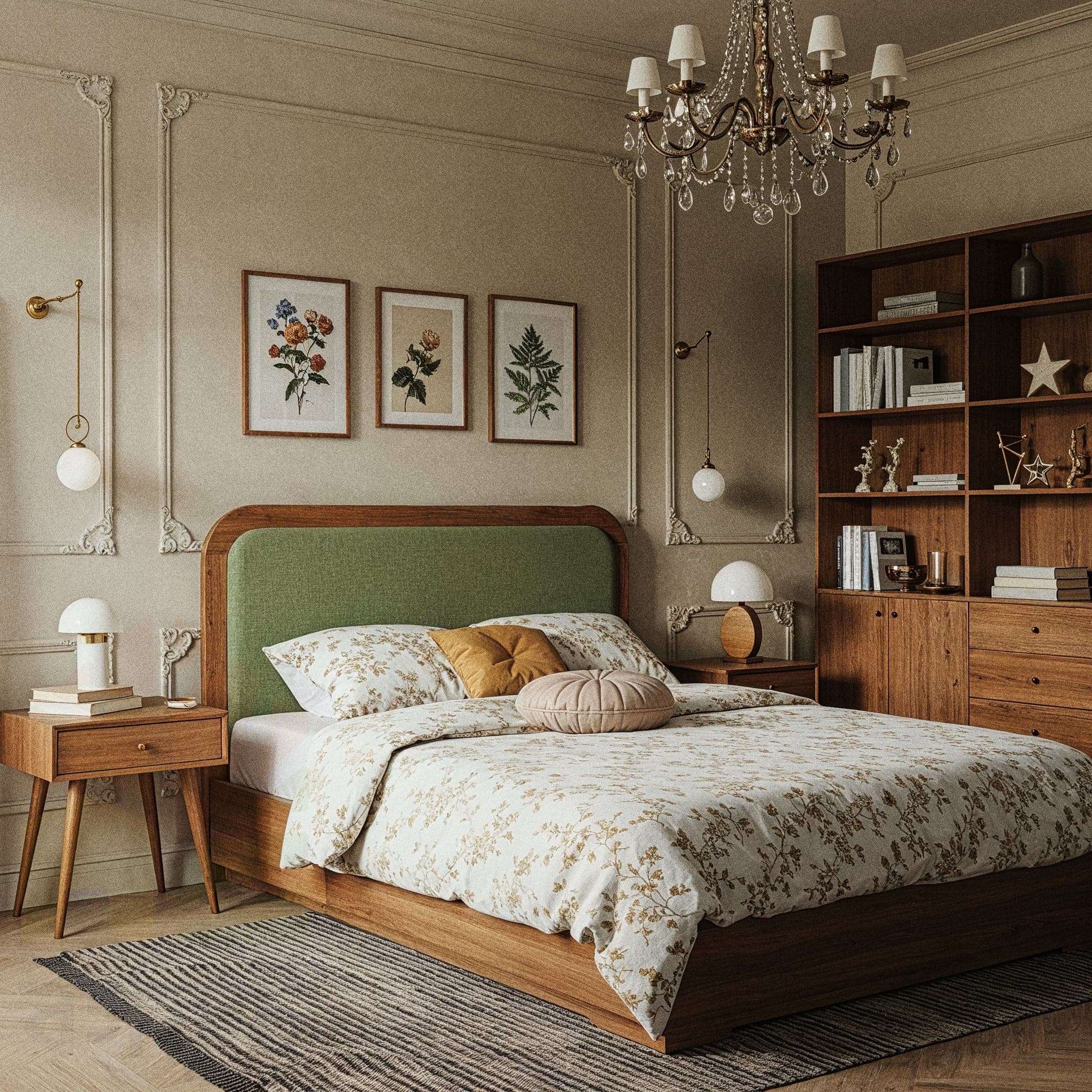 An elegant bedroom with a wooden bed frame and a rounded green fabric headboard. The walls are light beige with detailed decorative molding. The bed has a white duvet with a subtle floral pattern, and two pillows in yellow and pink are on the bed. A large wooden bookshelf is to the right. Two wooden nightstands with white lamps are on either side of the bed.