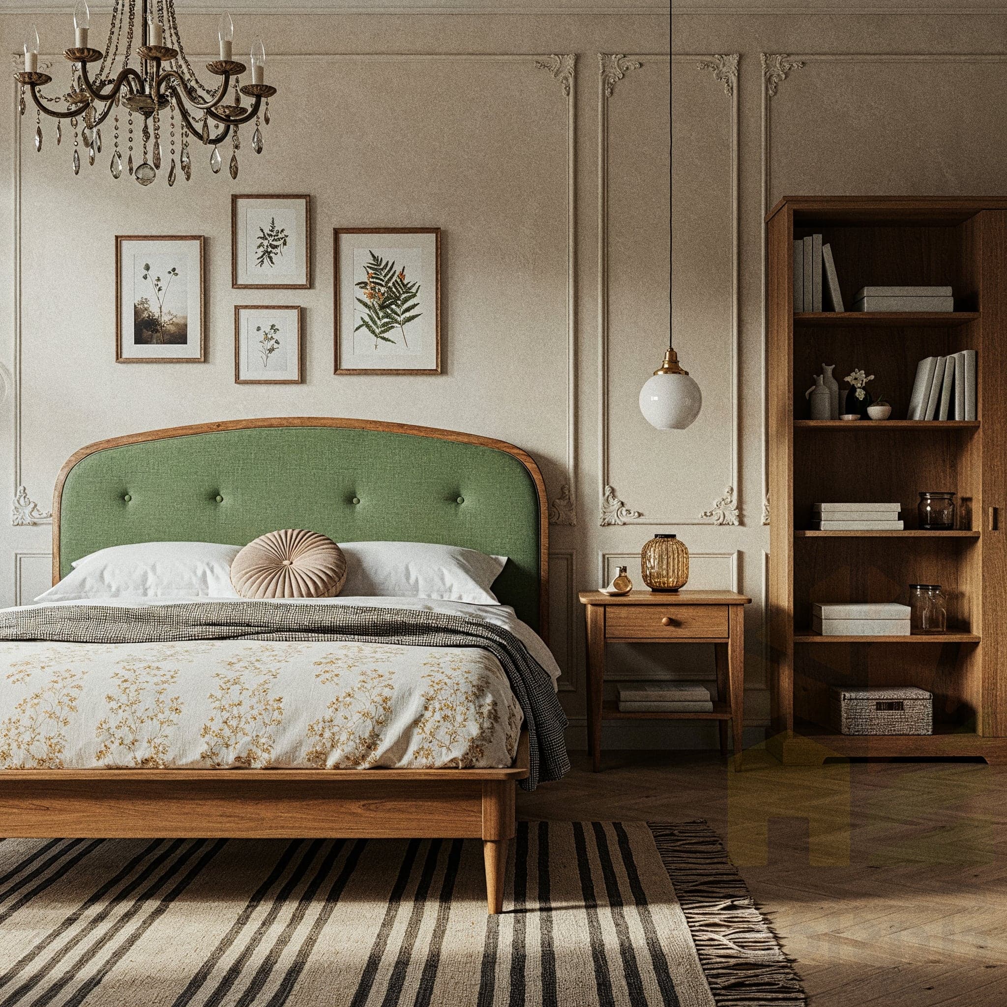 A rustic Mediterranean bedroom with a blue distressed wrought iron bed frame. The walls have a textured, two-tone finish in distressed rust and green. There is matching blue distressed furniture, including a dresser with a mirror, a wardrobe, and a nightstand. A vintage chandelier hangs from the wooden ceiling beams. A light green and pink patterned rug is on the terracotta tile floor.