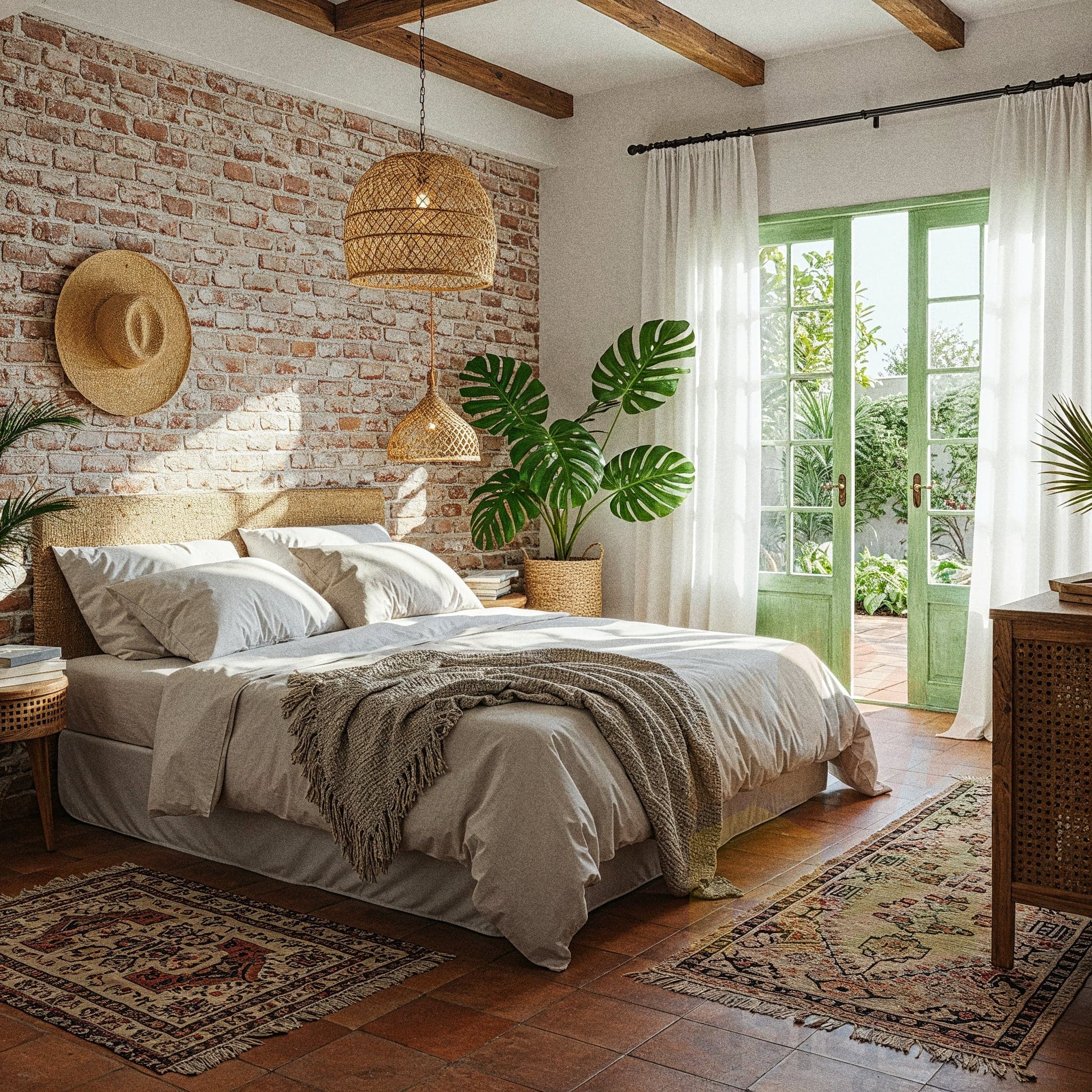 A bedroom with an exposed brick accent wall behind the bed. The bed has a woven headboard and is covered in soft, neutral-colored bedding. Exposed wooden beams run across the ceiling. Two large woven pendant lights hang from the ceiling. A large potted monstera plant sits to the side of the bed. A hat hangs on the brick wall.