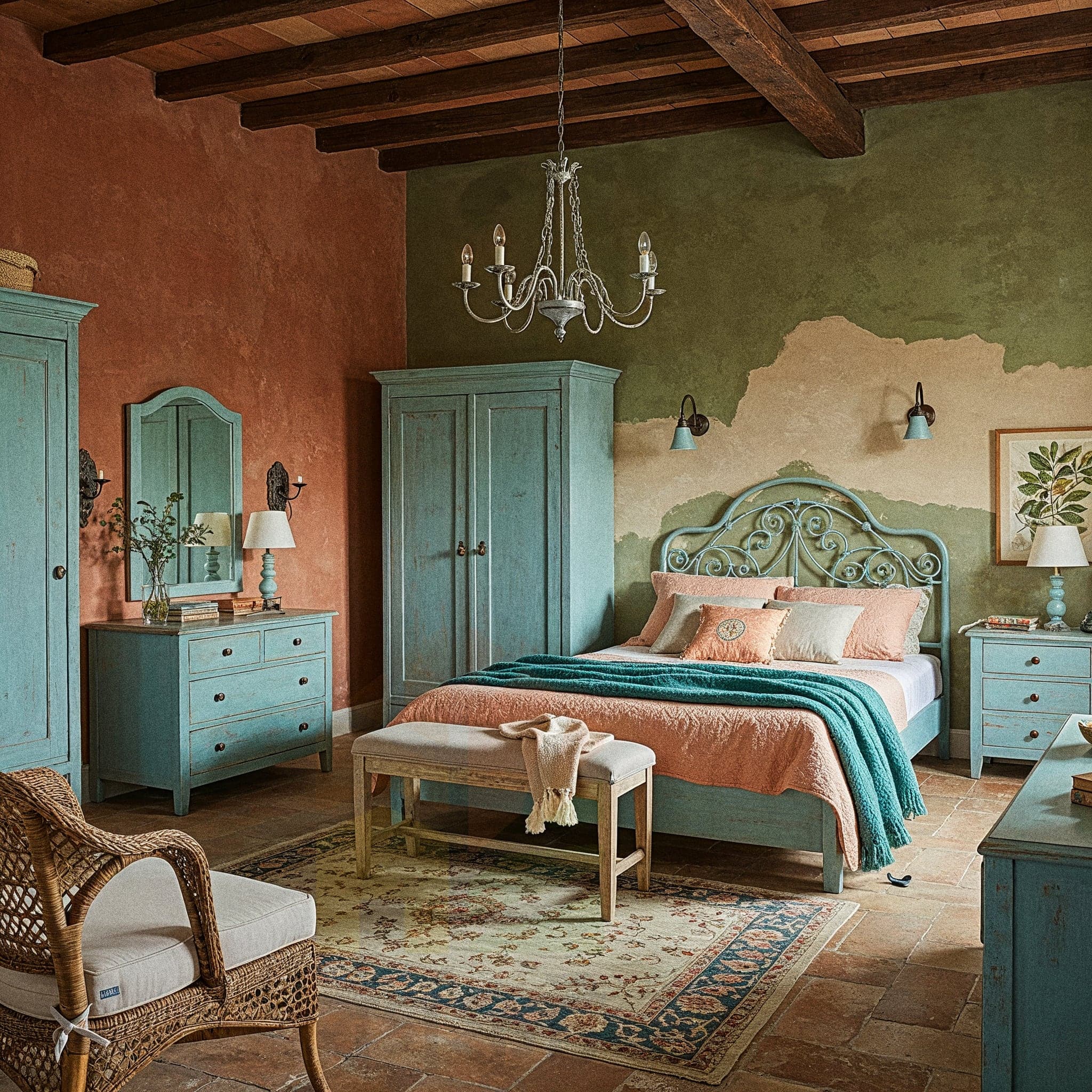 A Mediterranean-style bedroom with textured beige walls and a wooden slatted divider behind the bed. Two arched alcoves with built-in wooden shelves hold various decorative vases and bottles. The wooden bed frame has built-in drawers. A tree stump side table with a vase of flowers sits next to the bed. A woven pouf and a small, neutral-colored rug are on the light wood floor. Arches in the room open to another seating area with a cactus.