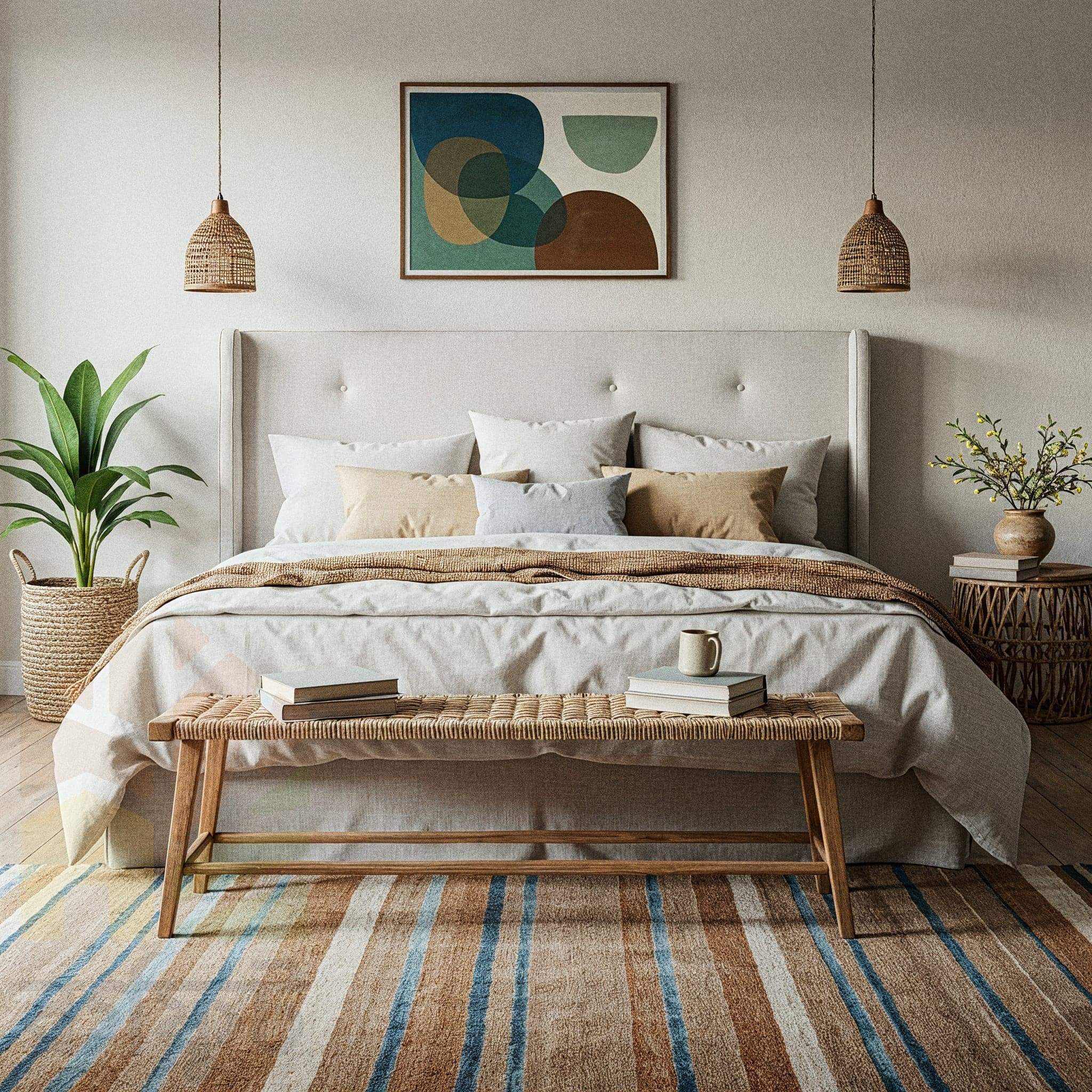 A tropical-style bedroom with a woven rattan bed frame and headboard. The walls are a warm neutral color. The large arched French doors are painted a bright green and lead to a balcony with lush greenery visible outside. A rattan chair and a woven ottoman are in the corner. Two terracotta pots with plants sit on the floor, and a large woven pendant light hangs from the ceiling.