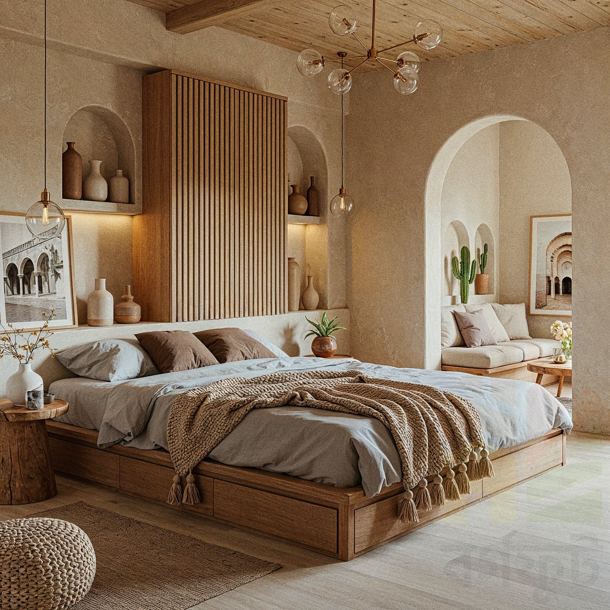 A bedroom with light gray walls and a large, ornate red and blue patterned rug on a wooden floor. A mid-century modern wooden bed with an upholstered headboard is centered against the wall. A large landscape painting in a gold frame hangs above the bed, flanked by two smaller paintings.