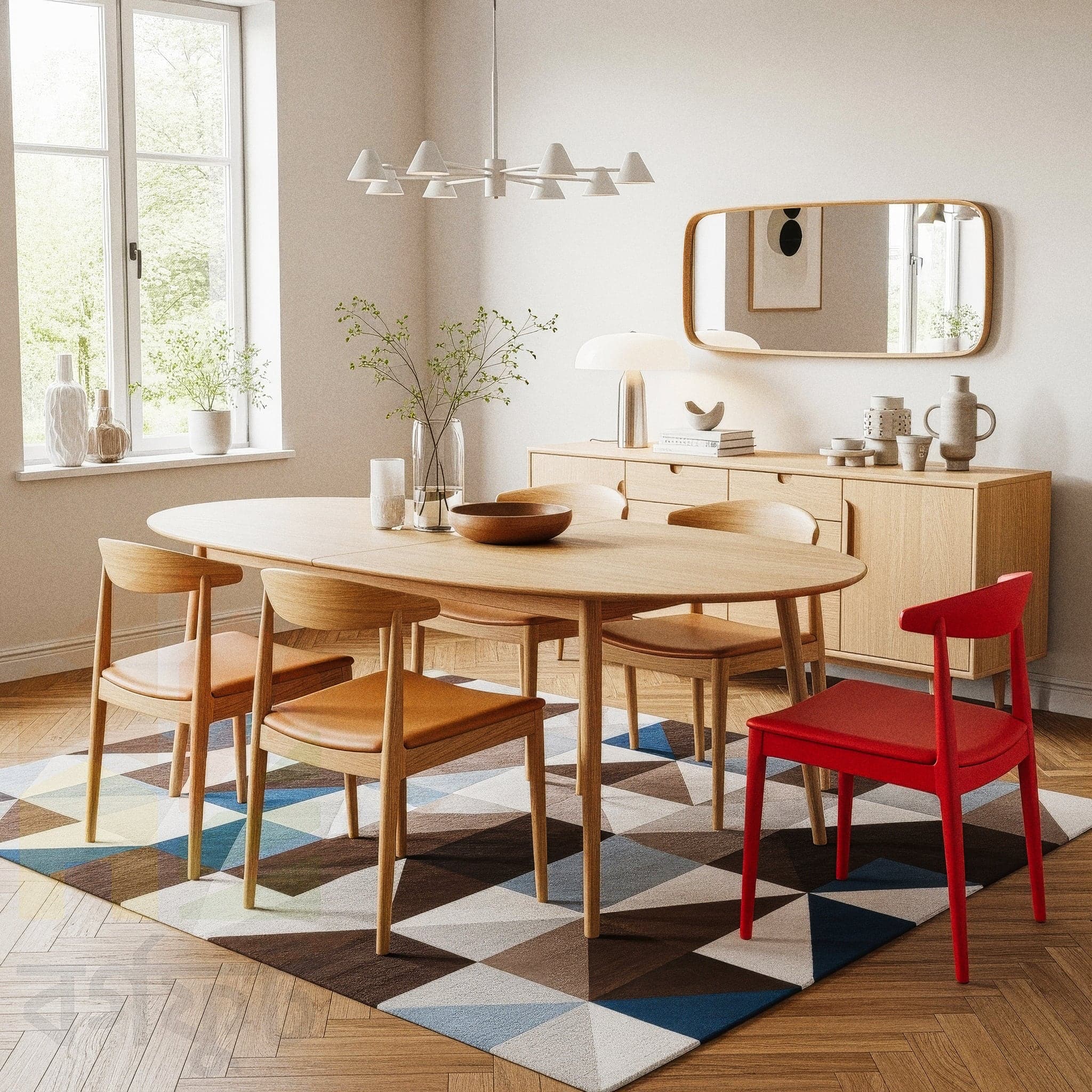 A modern dining room with light wood floors and white walls. An oval-shaped light wood dining table is surrounded by four matching wood chairs with brown leather seats and a single red chair. A geometric patterned rug in shades of blue, brown, white, and red is on the floor. A light wood sideboard with a long mirror is against the wall. A simple white chandelier hangs from the ceiling.
